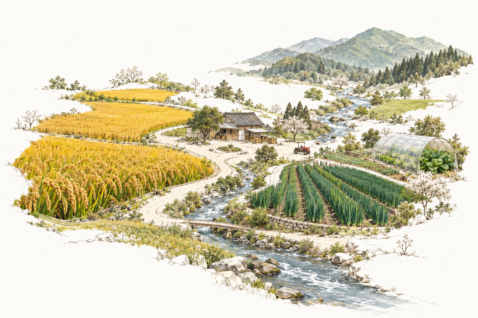 田んぼ、ネギ畑、ハウス、山と川がつながる農園のイメージ風景