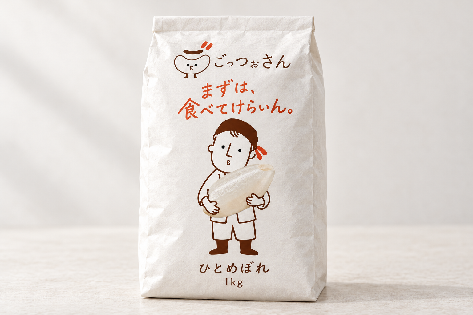 ごっつぉさんのロゴとおすそわけさんをあしらった、ひとめぼれ1kg試食米袋のデザインイメージ